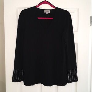 JM Collection Black V-Neck Top with Studded Sleeves